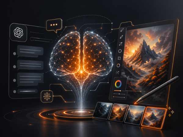 Abstrakte KI-Oberfläche mit digitalem Gehirn, Chat-Fenstern und Grafik-Editor als Symbol für ChatGPT 5.5 Thinking und ChatGPT Images 2.0.