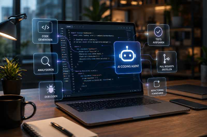 Abstrakte Darstellung eines KI-Coding-Agenten, der Code analysiert und Entwicklungsaufgaben unterstützt