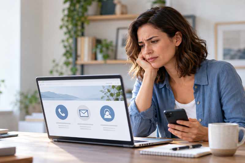 Unternehmerin prüft auf einem Laptop Kontaktmöglichkeiten einer Website und hält ihr Smartphone in der Hand.